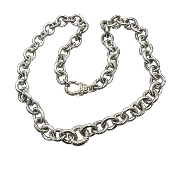 Judith Ripka Sterling Silver Ribbed Smooth Link 16 Inch Necklace82 Gram - Picture 2 of 3